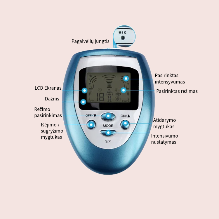 Impulsinis raumenų masažuoklis su 4 elektrodų pagalvėlėmis skausmo ir įtampos malšinimui
