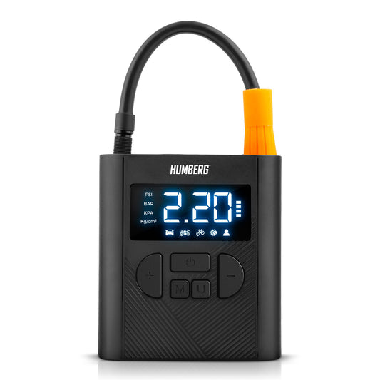 Akumuliatorinis mini kompresorius Humberg padangų ir kamuolių pripūtimui su LED žibintuvėliu ir Power Bank funkcija