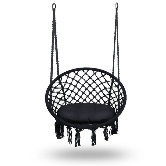 Boho stiliaus kabantis juodas supamasis sodo krėslas su metaline konstrukcija ir pinta virve iki 150 kg