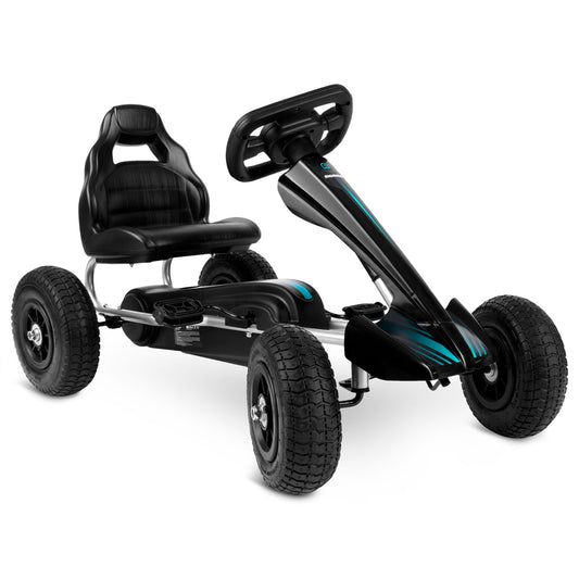 Juodas vaikiškas pedalinis gokartas Ricokids su plienine konstrukcija ir reguliuojama sėdyne