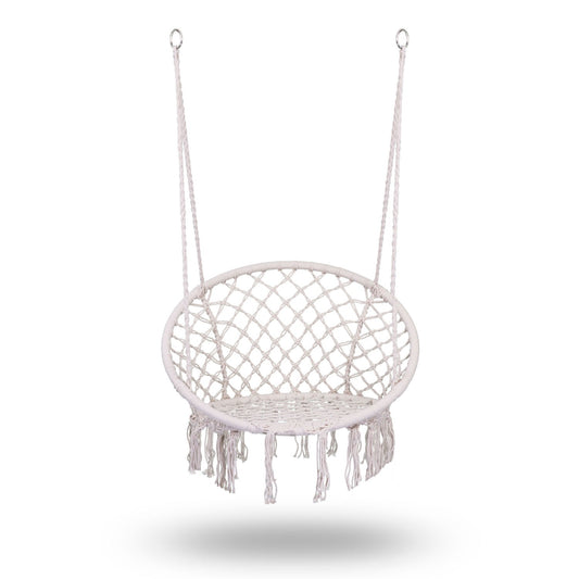 Smėlio spalvos kabantis boho sodo krėslas su metaliniu rėmu ir pintu dizainu terasai ar balkonui