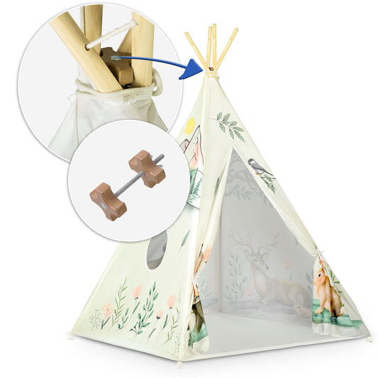 Vaikiška tipi palapinė Nukido smėlio spalvos 114×114×165 cm su triušio pagalvėle vaikų kambariui ir žaidimams