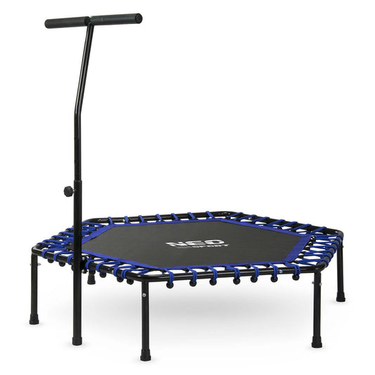 Šešiakampis sporto batutas su rankena 127 cm mėlynas fitneso treniruotėms namuose ir lauke