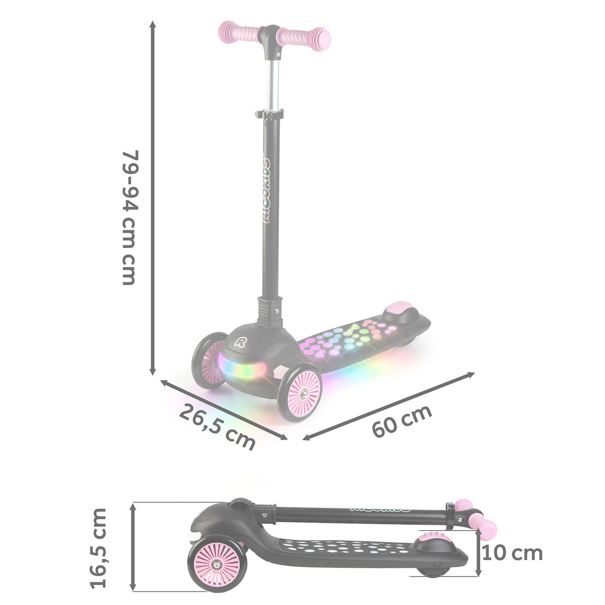 Triratis balansinis paspirtukas Ricokids Glowi su LED, juodas ir rožinis