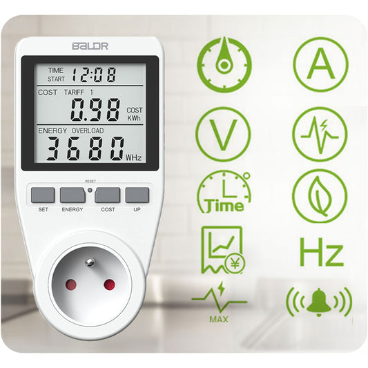 Vienfazis vatmetras Berdsen su LCD ekranu energijos suvartojimui matuoti baltos spalvos