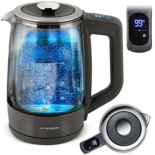 Stiklinis elektrinis virdulys Berdsen 1,7 l su temperatūros reguliavimu ir LED ekranu
