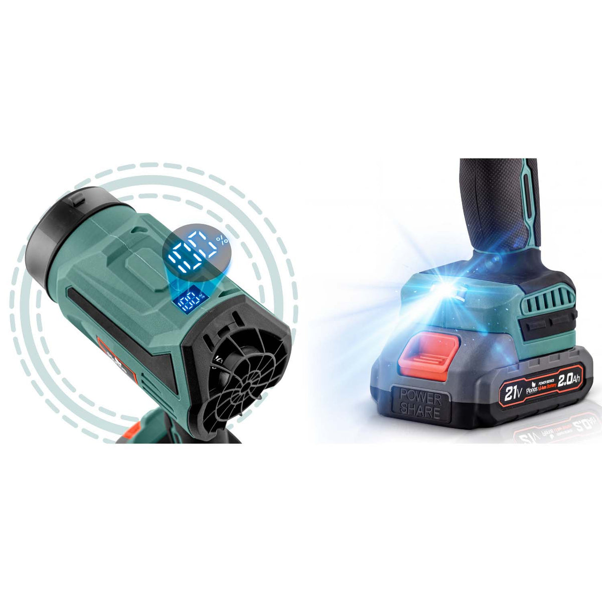 Akumuliatorinis pūstuvas Plonos, 21 V, 300 W, 2 × 2 Ah