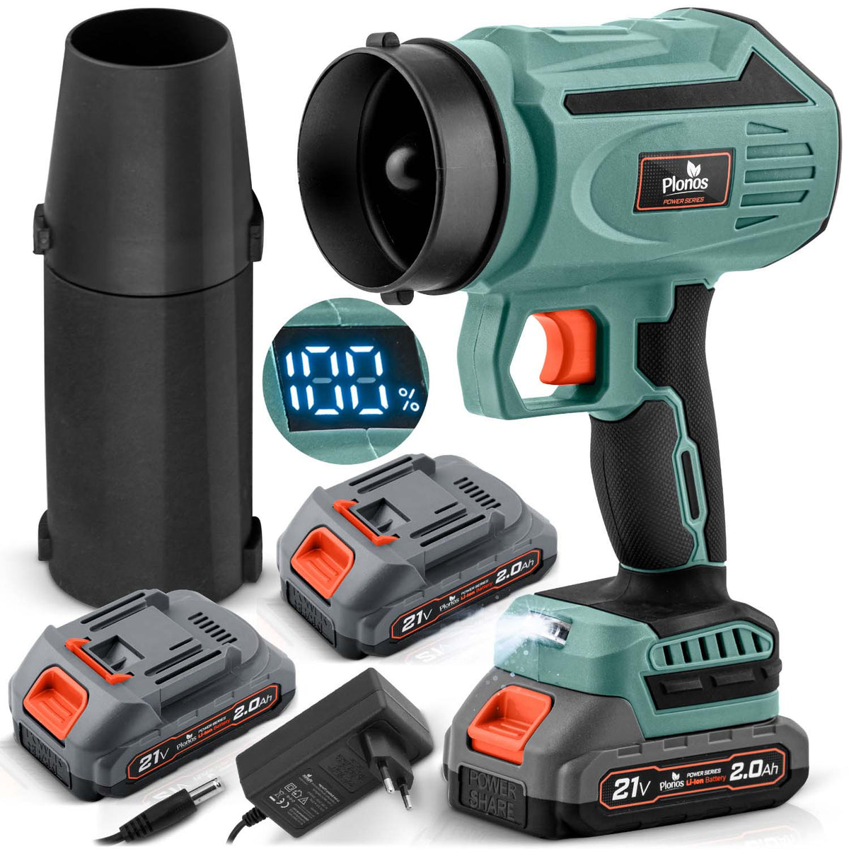 Akumuliatorinis pūstuvas Plonos, 21 V, 300 W, 2 × 2 Ah