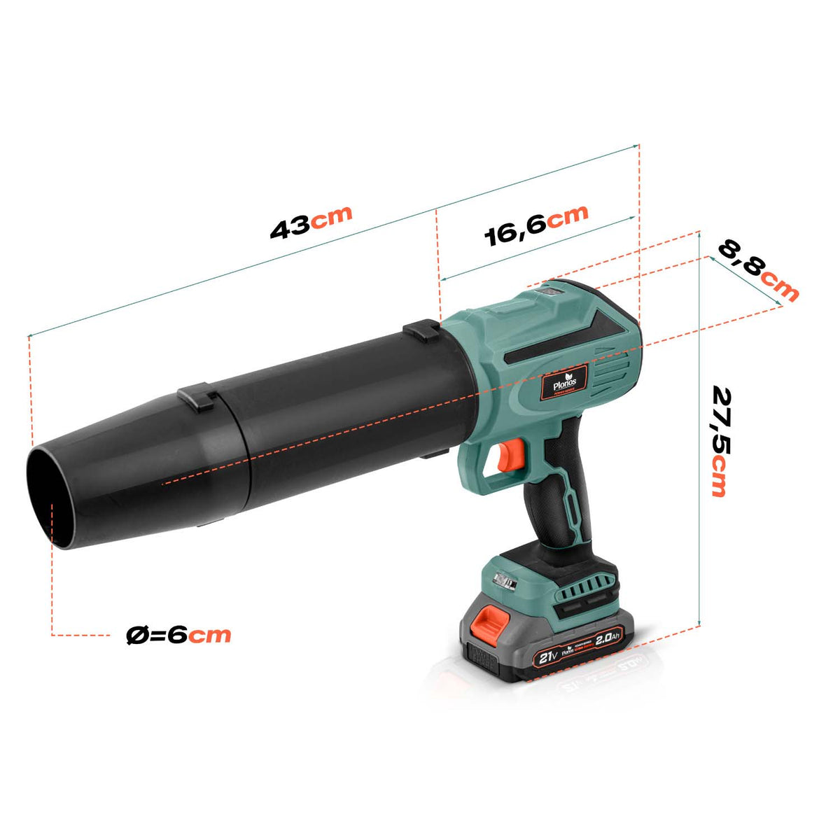 Akumuliatorinis pūstuvas Plonos, 21 V, 300 W, 2 × 2 Ah