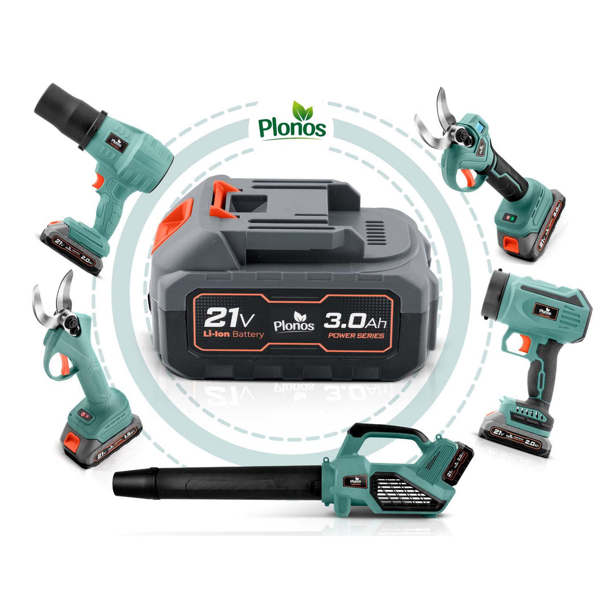 Akumuliatorinis pūstuvas Plonos, 21 V, 300 W, 2 × 3 Ah