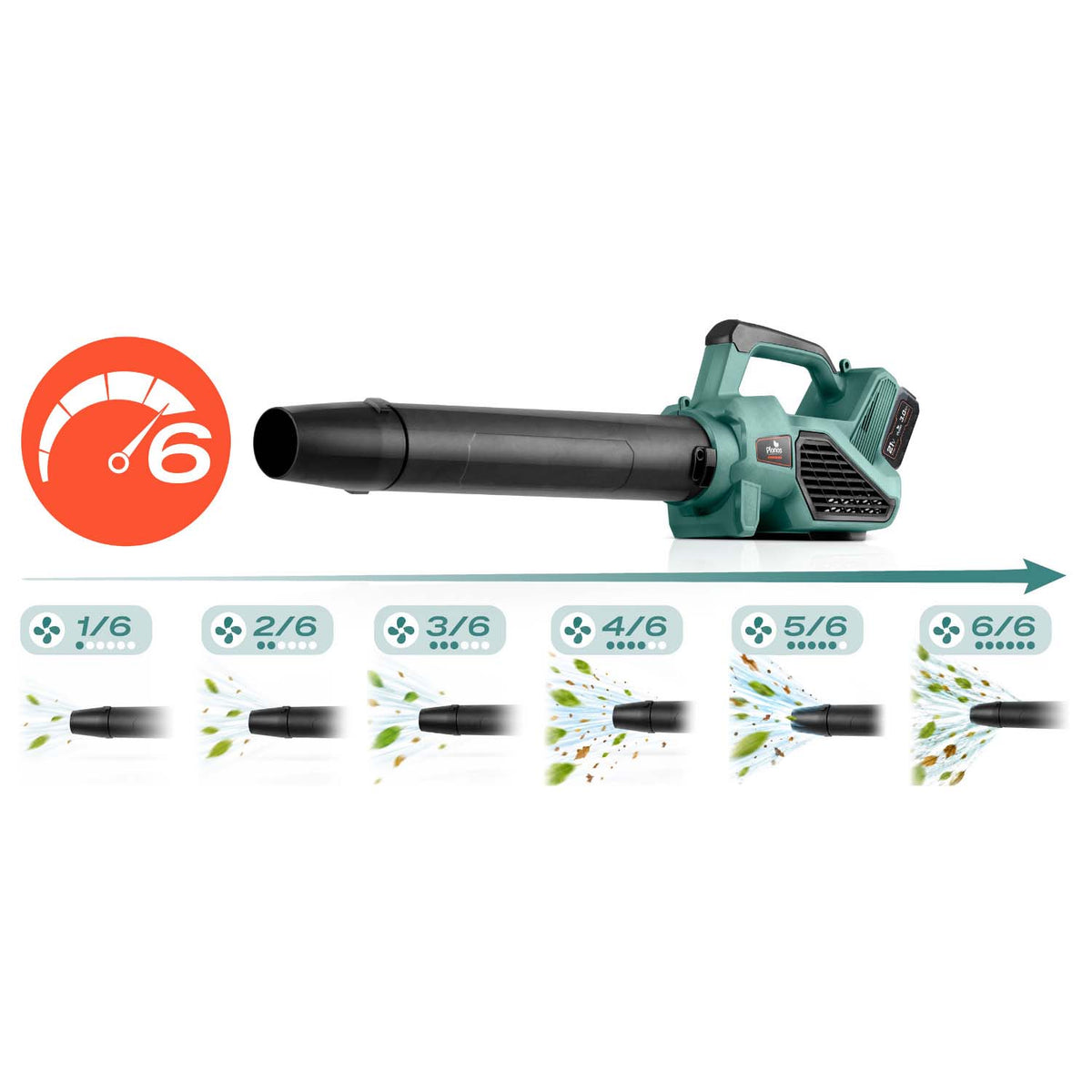 Akumuliatorinis pūstuvas Plonos, 21 V, 300 W, 2 × 3 Ah