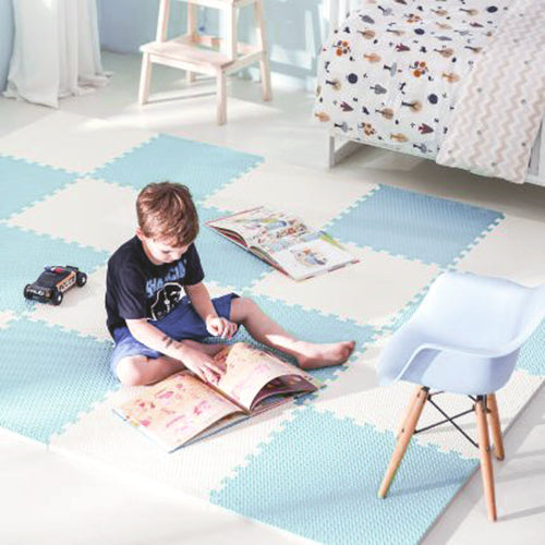 Ricokids putplasčio kilimėlis vaikams 60x60 4 vnt mėlynas baltas lavinamasis žaidimų kilimėlis grindims