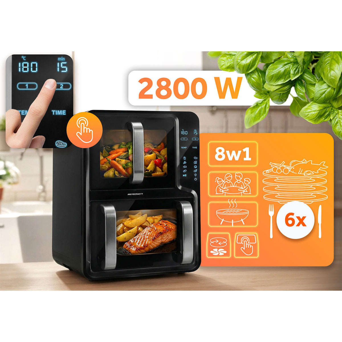 Dviejų skyrių karšto oro gruzdintuvė Berdsen, 12 l, 2800 W