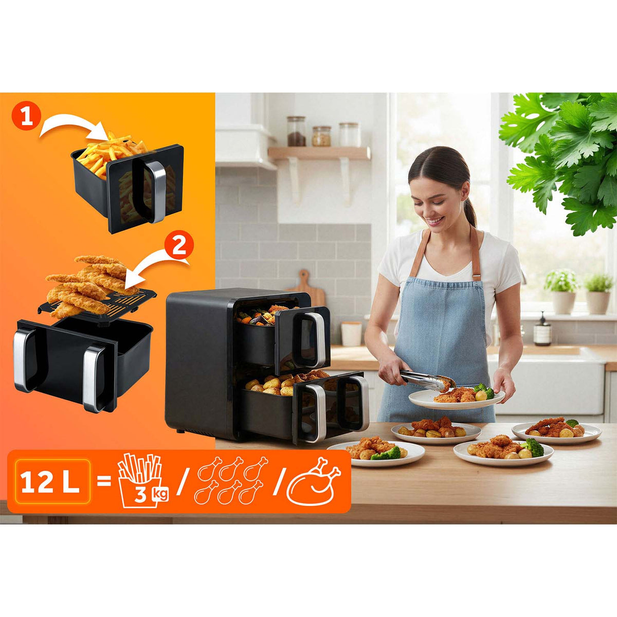 Dviejų skyrių karšto oro gruzdintuvė Berdsen, 12 l, 2800 W