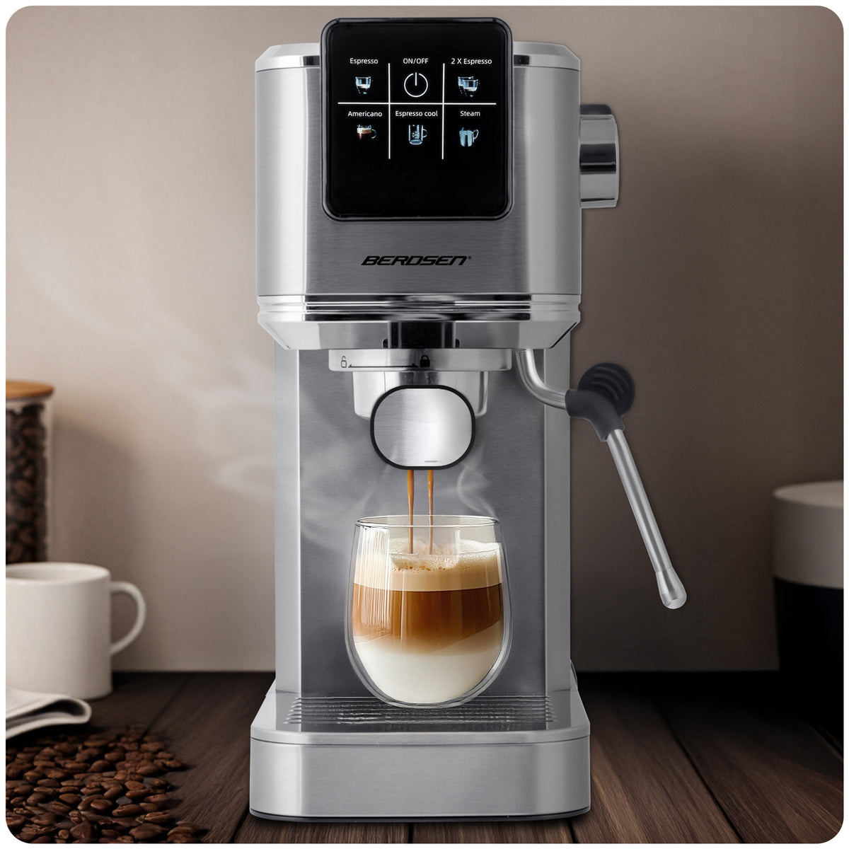 Berdsen sidabrinis kavos aparatas su 20 barų slėgiu ir pieno putojimo antgaliu espresso latte cappuccino ruošimui