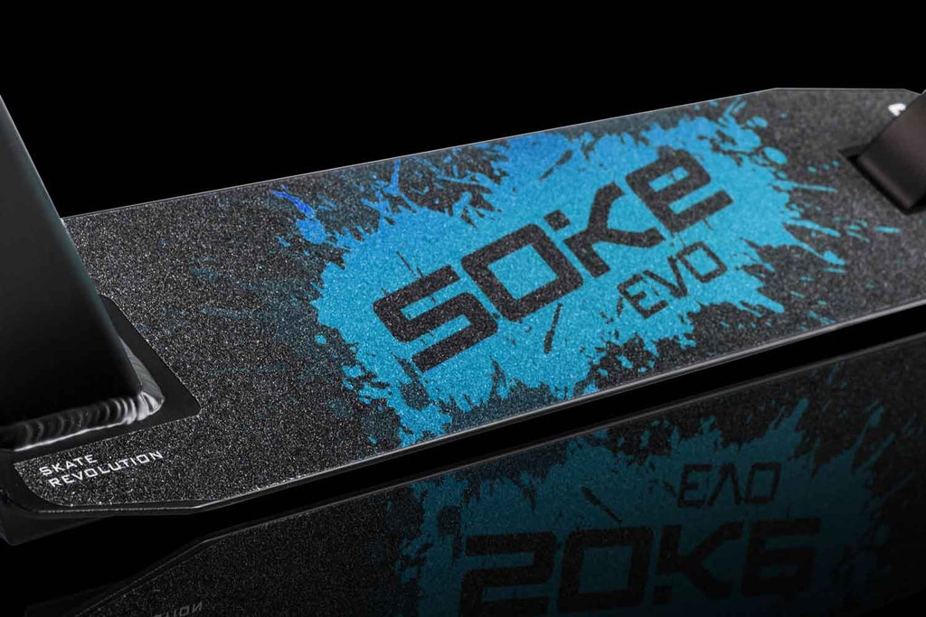 SOKE EVO mėlynas juodas triukinis paspirtukas pradedantiesiems ir pažengusiems skate parkui ir miestui
