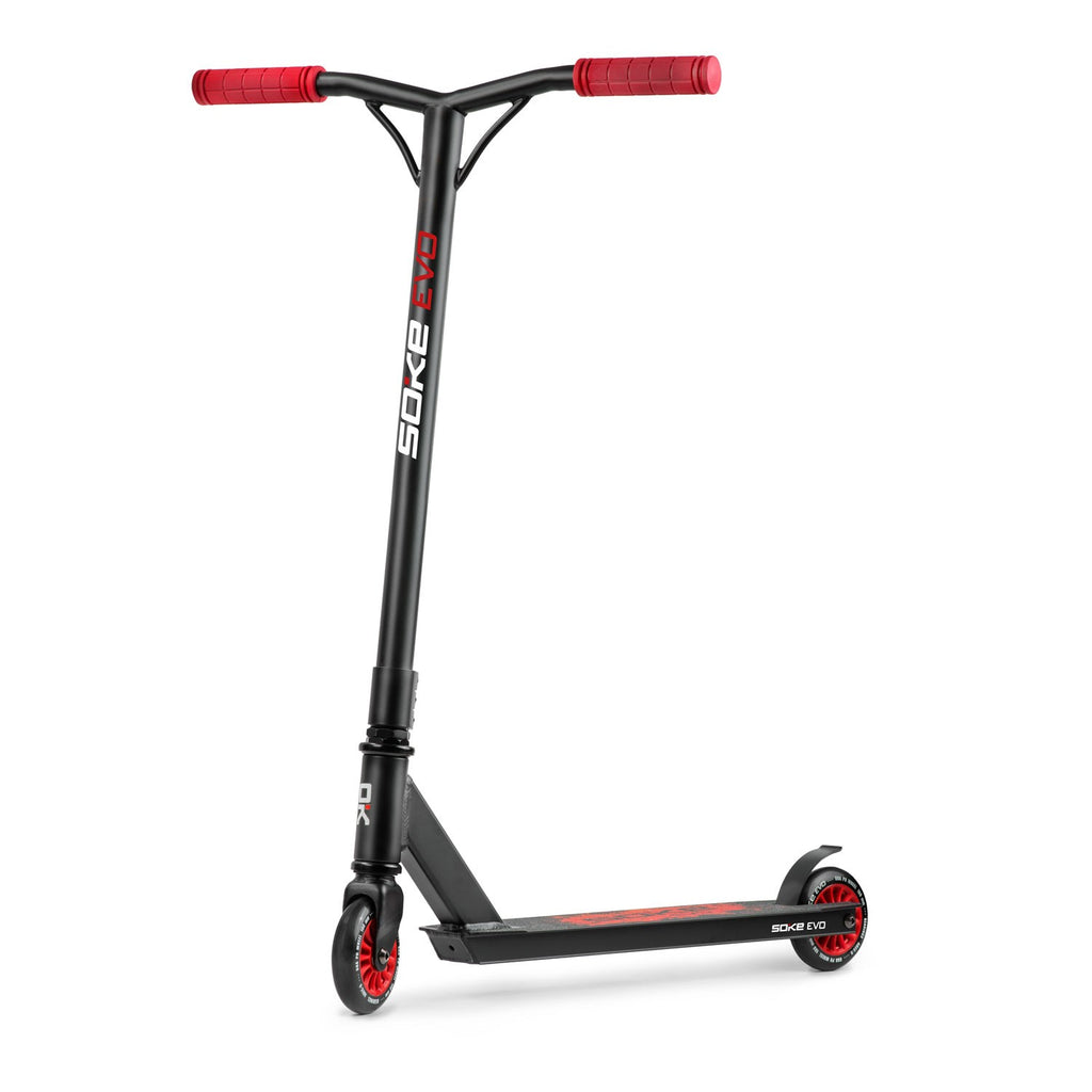 Raudonas triukinis paspirtukas SOKE EVO RED ekstremaliam sportui skate parke ir gatvei