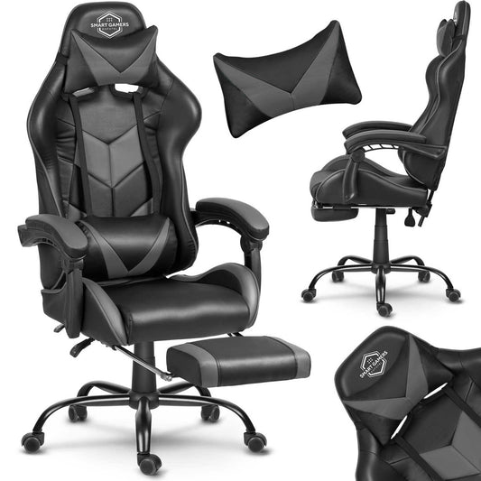Juodai pilka ergonominė žaidimų kėdė Sofotel Cerberus su pakoju ir reguliuojamais porankiais