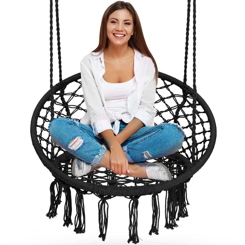 Juodas BOHO kabantis supamasis sodo krėslas balkonui ar terasai