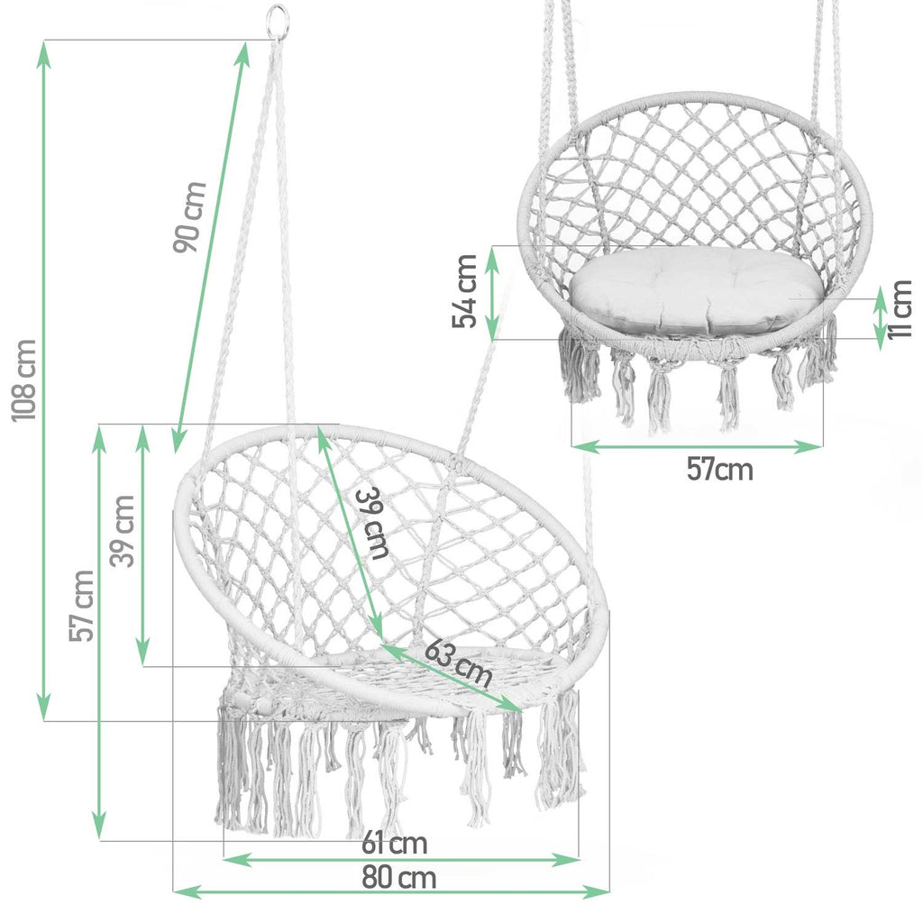 Pilkas boho stiliaus kabantis supamasis sodo krėslas su pagalvėle poilsiui terasoje ar balkone