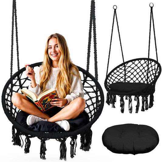 Boho stiliaus kabantis supamasis sodo krėslas juodas lauko terasai balkono baldai 150 kg keliamoji galia
