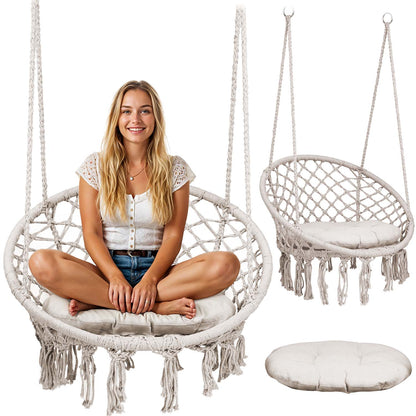 Boho stiliaus smėlio spalvos kabantis supamasis sodo krėslas su metaline konstrukcija ir pinta virve