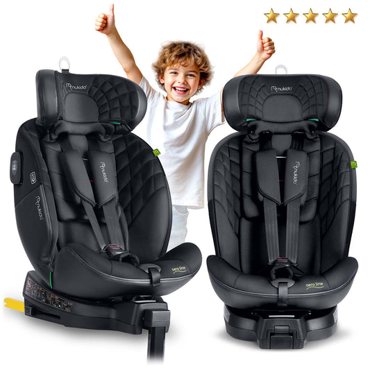 Juoda automobilinė kėdutė vaikams 0-36 kg su ISOFIX ir 360 laipsnių pasukama baze