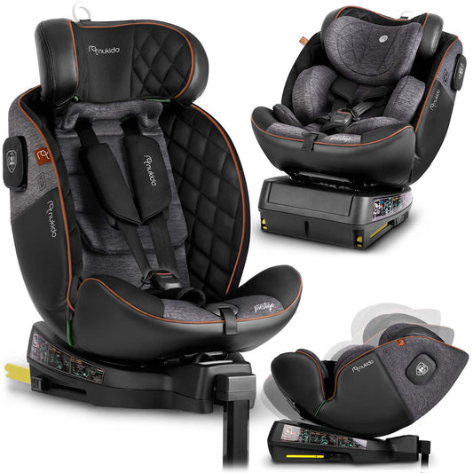 Nukido Prestige Line juodai pilka automobilinė kėdutė 0-36 kg su ISOFIX ir 360 laipsnių pasukimu