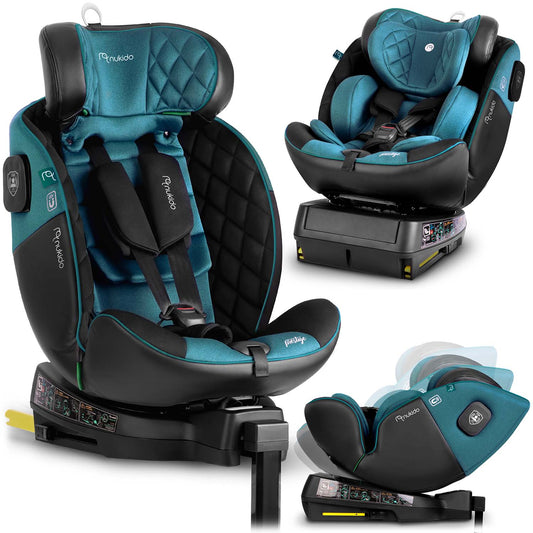 Nukido Prestige Line juodai mėlyna automobilinė kėdutė su ISOFIX nuo 0 iki 36 kg vaikams su 360 laipsnių pasukimu