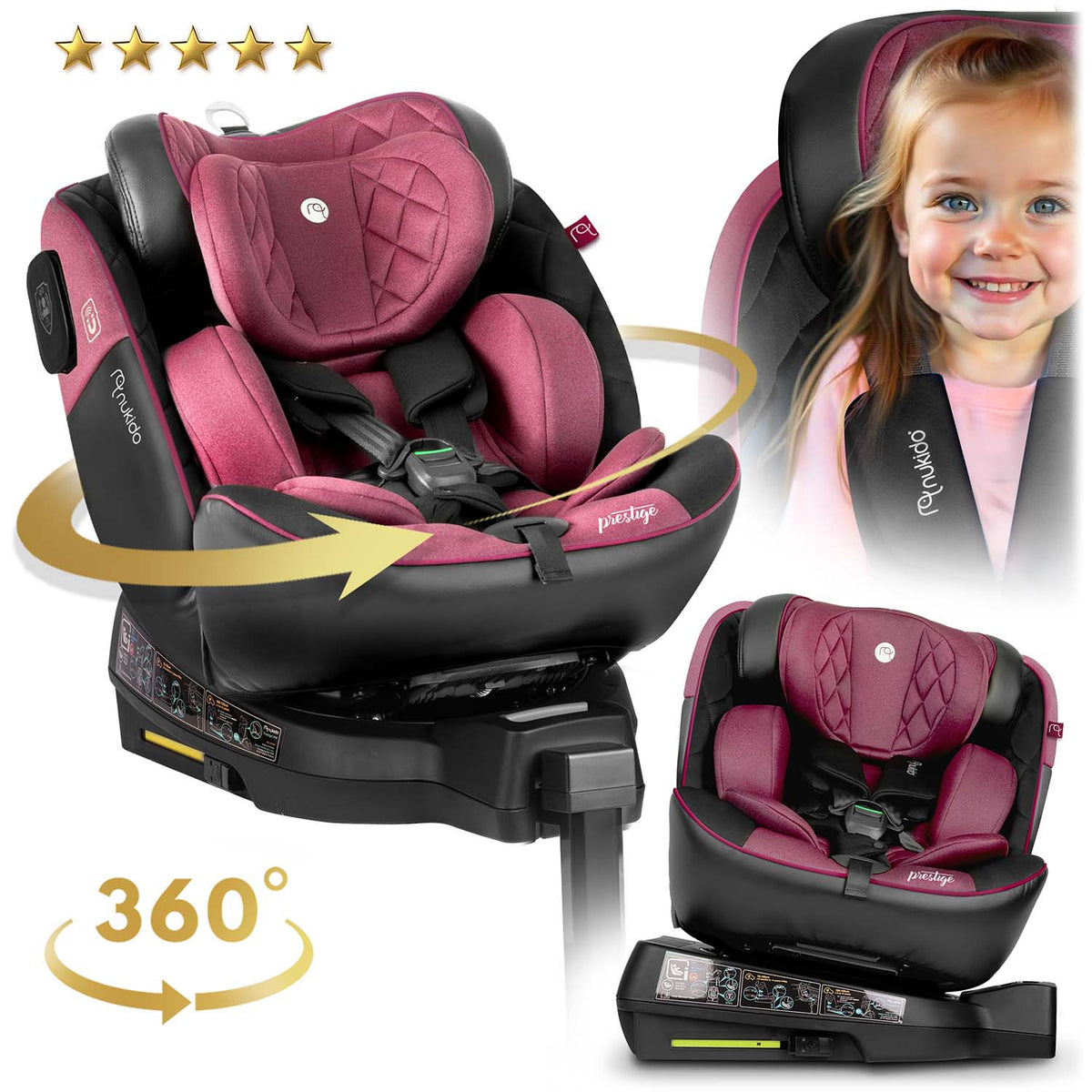 Juoda rožinė automobilinė kėdutė Nukido Prestige Line su ISOFIX 0-36 kg 360 laipsnių pasukama i-Size saugos standardas