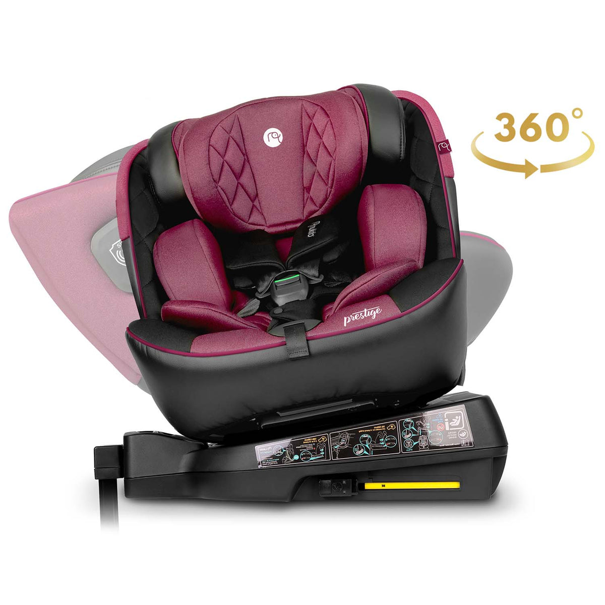 Juoda rožinė automobilinė kėdutė Nukido Prestige Line 0-36 kg su ISOFIX ir 360 laipsnių pasukimu vaikams nuo gimimo iki 12 metų