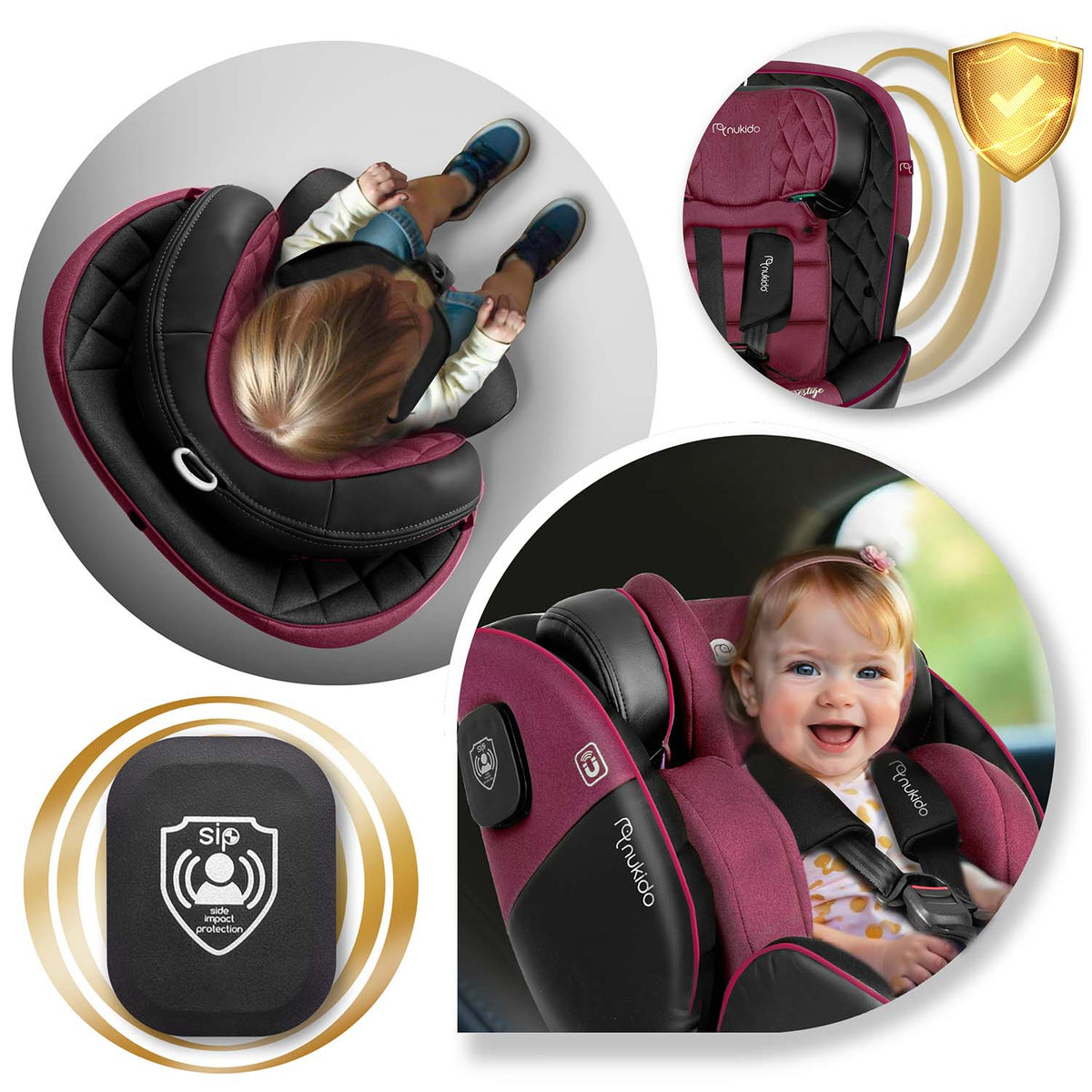 Juoda rožinė automobilinė kėdutė Nukido Prestige Line 0-36 kg su ISOFIX ir 360° pasukimu