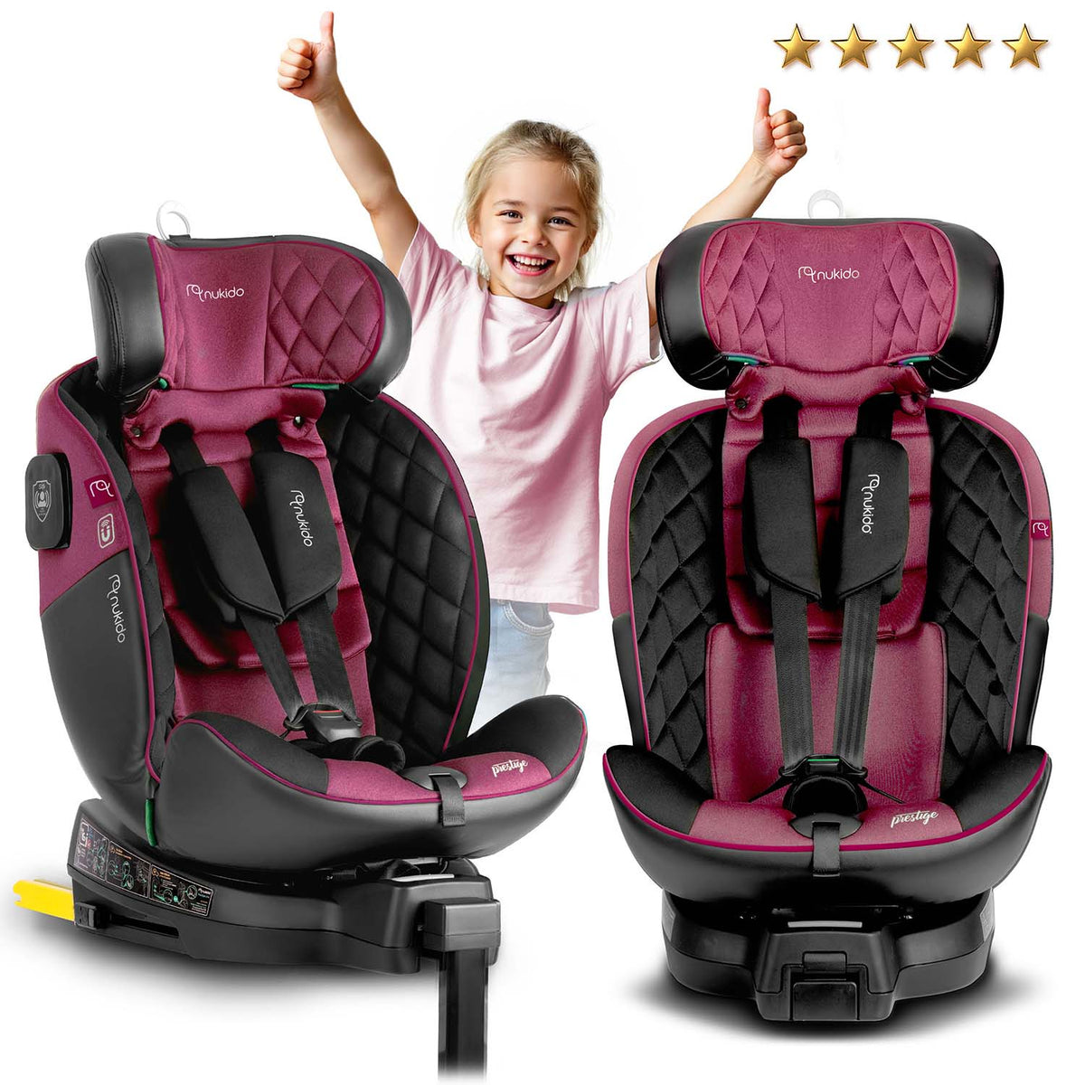 Juoda rožinė automobilinė kėdutė kūdikiui ir vaikui 0-36 kg su ISOFIX sistema pasukama 360 laipsnių