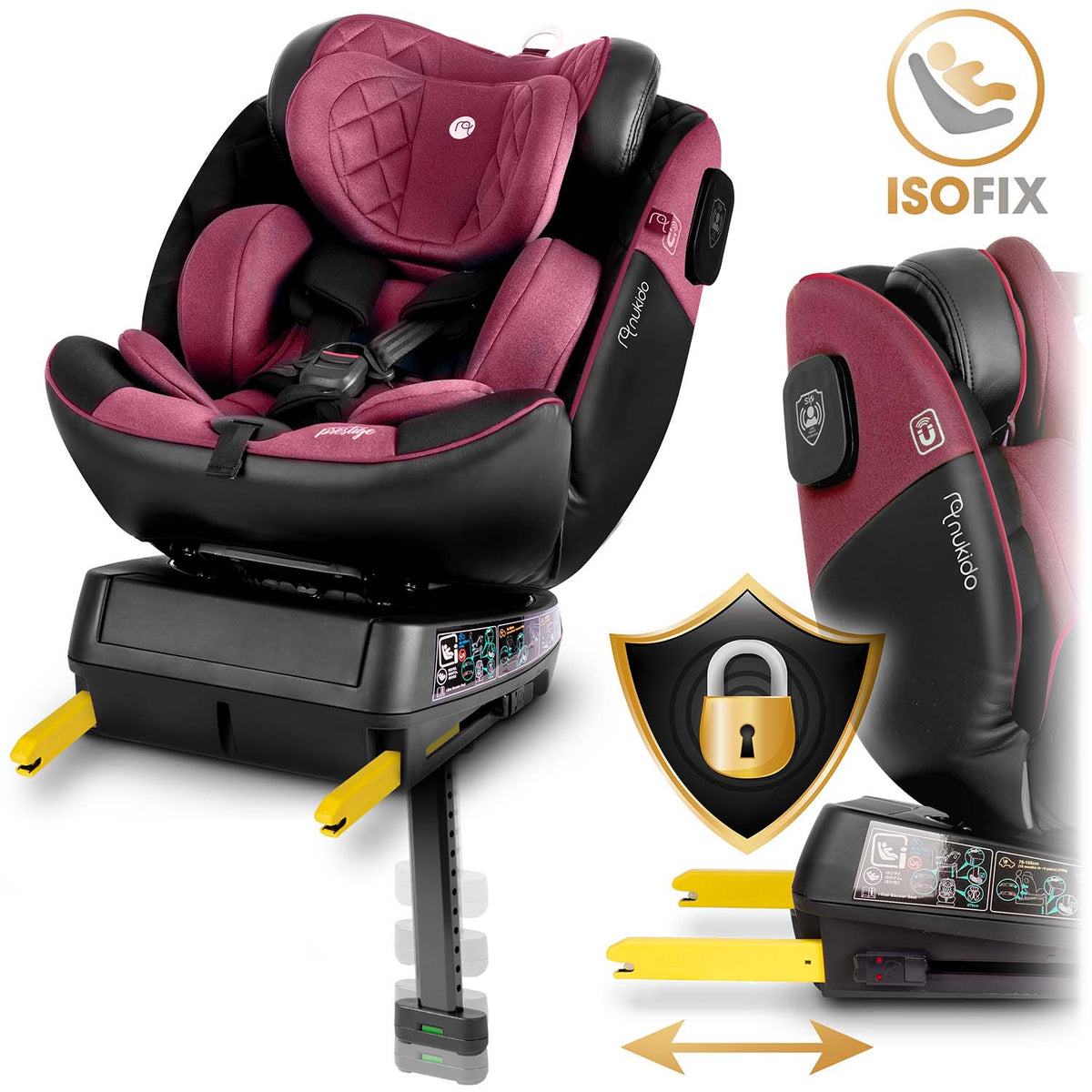 Nukido Prestige Line juoda rožinė automobilinė kėdutė 0 36 kg su ISOFIX pasukama 360 laipsnių saugi vaikams nuo gimimo iki 12 metų
