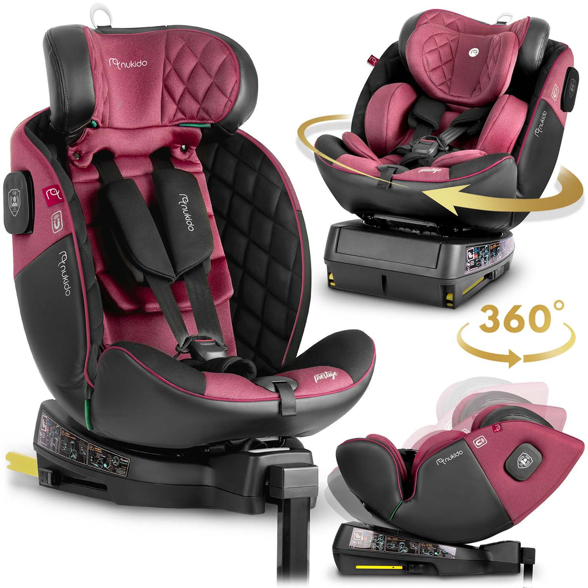 Juoda rožinė automobilinė kėdutė vaikams nuo gimimo iki 12 metų su ISOFIX ir 360 laipsnių pasukimu