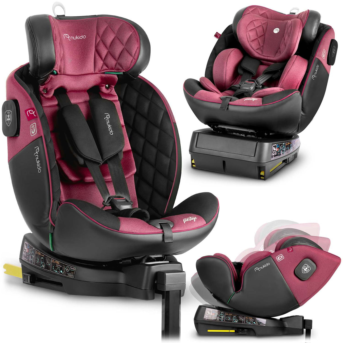 Juoda rožinė automobilinė kėdutė Nukido Prestige Line 0-36 kg su ISOFIX ir 360 laipsnių pasukimu