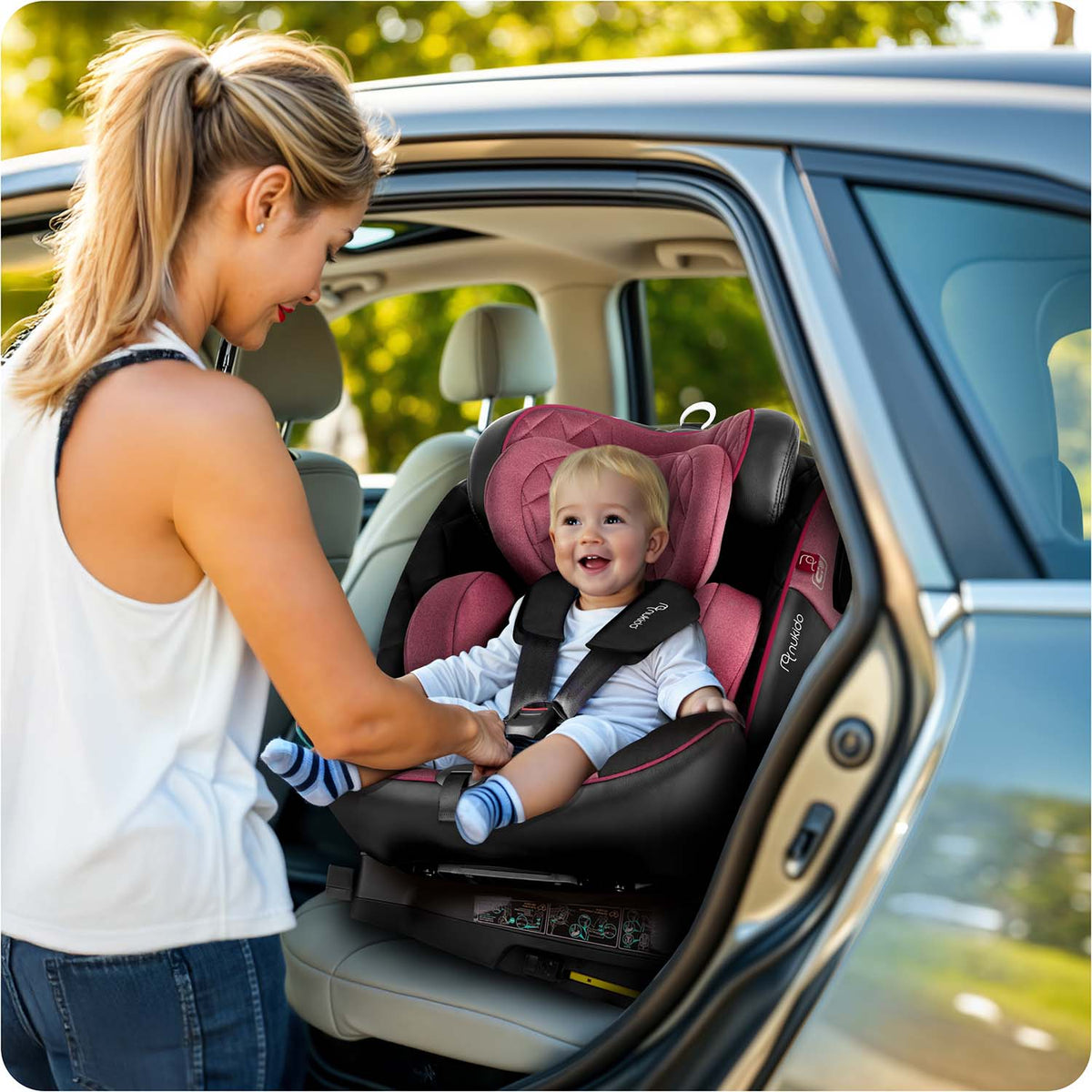 Nukido Prestige Line juoda rožinė automobilinė kėdutė 0-36 kg su ISOFIX 360 laipsnių pasukimu vaikams nuo gimimo iki 12 metų