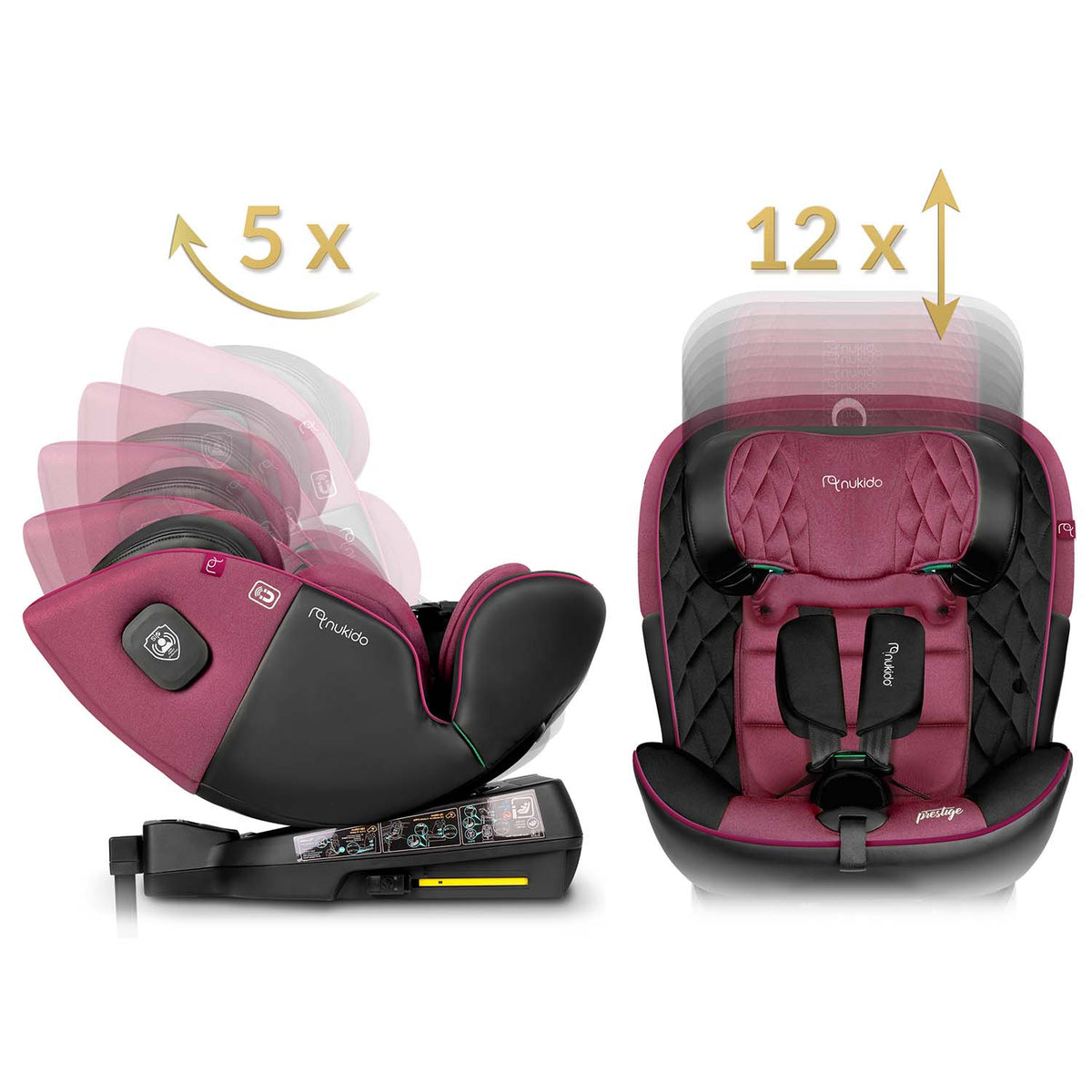 Juoda rožinė automobilinė kėdutė vaikams nuo 0 iki 36 kg su ISOFIX ir 360 laipsnių pasukimu