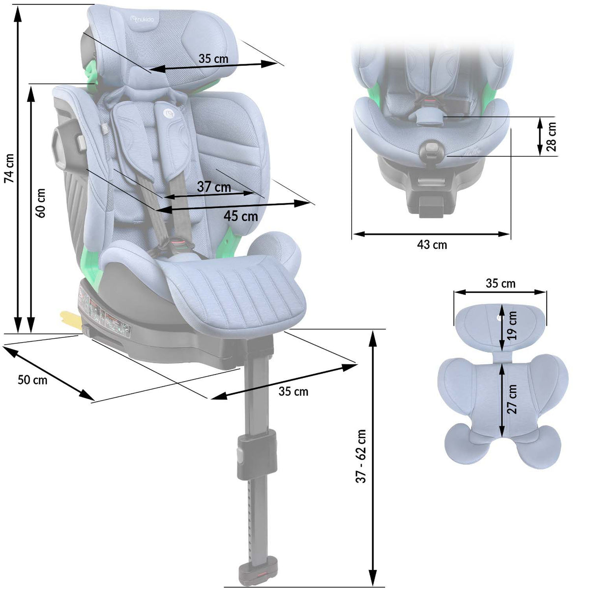 Pasukama automobilinė kėdutė su atramine koja Nukido Shelly, i-Size, ISOFIX