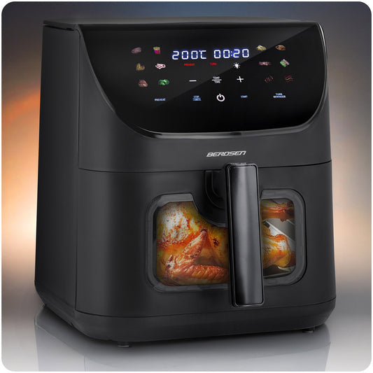 Juoda 8 litrų oro keptuvė be riebalų Berdsen su LED ekranu ir 12 automatininių programų