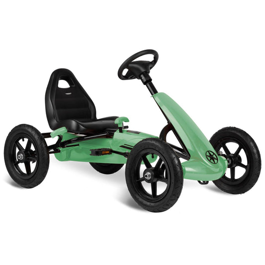 Žalias vaikiškas pedalinis kartingas Ricokids su tvirta konstrukcija ir reguliuojama sėdyne lauko žaidimams