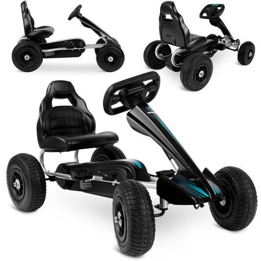 Juodas vaikiškas pedalinis gokartas Ricokids su reguliuojama sėdyne ir plienine konstrukcija