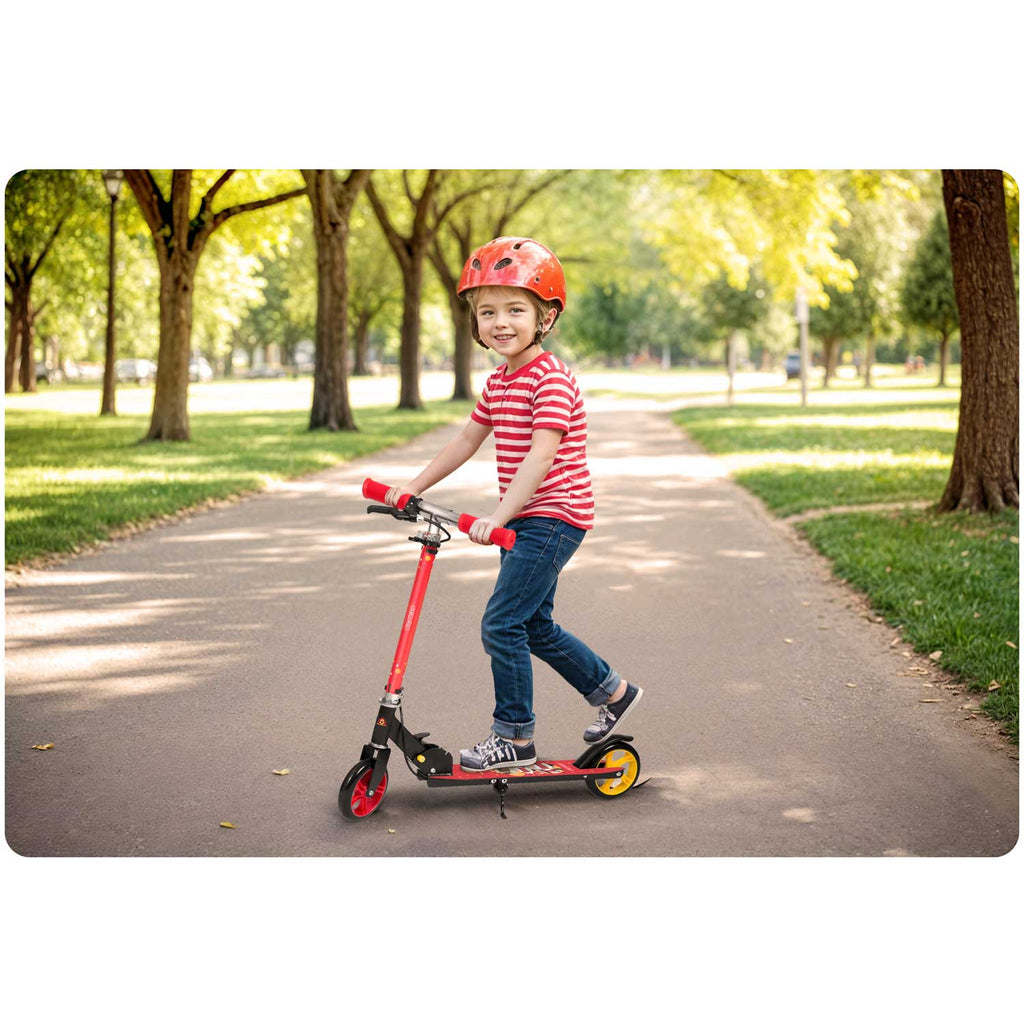Vaikiškas gaisrininkų paspirtukas Ricokids KODI su reguliuojamu vairu, dviem stabdžiais ir 145 mm PU ratais vaikams nuo 3 iki 8 metų