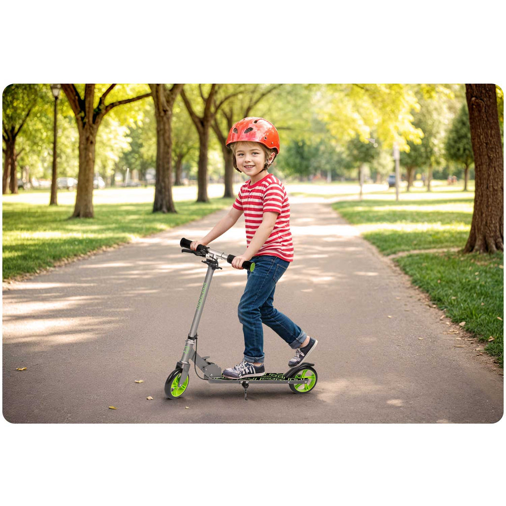 Pilkai žalias vaikiškas paspirtukas Ricokids KODI su reguliuojamu vairu ir dideliais PU ratais