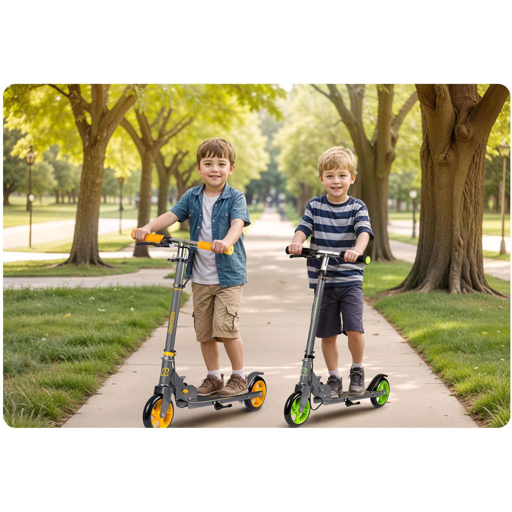Pilkai žalias vaikiškas paspirtukas Ricokids KODI su reguliuojamu vairu ir dideliais PU ratais nuo 3 iki 8 metų vaikams