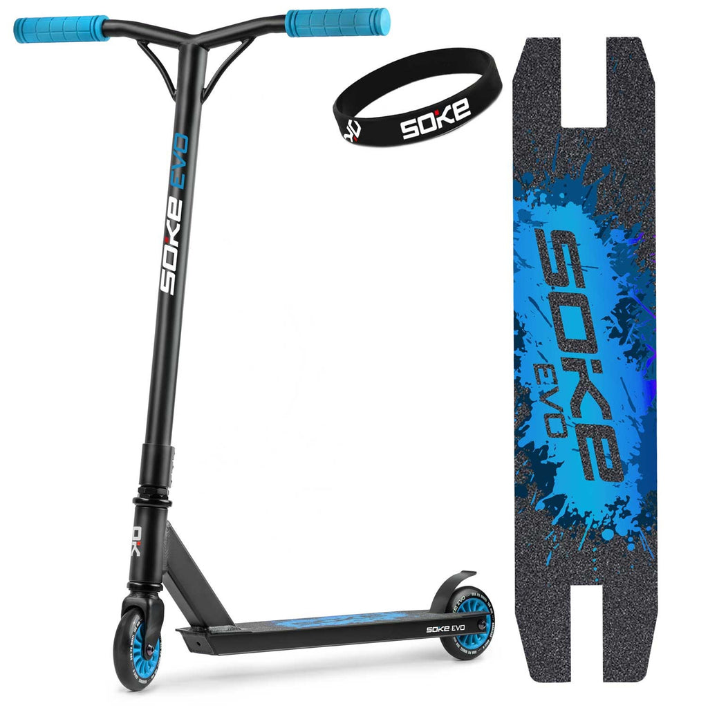 SOKE EVO mėlynas juodas triukinis paspirtukas pradedantiesiems ir pažengusiems skate parkui ir miesto triukams