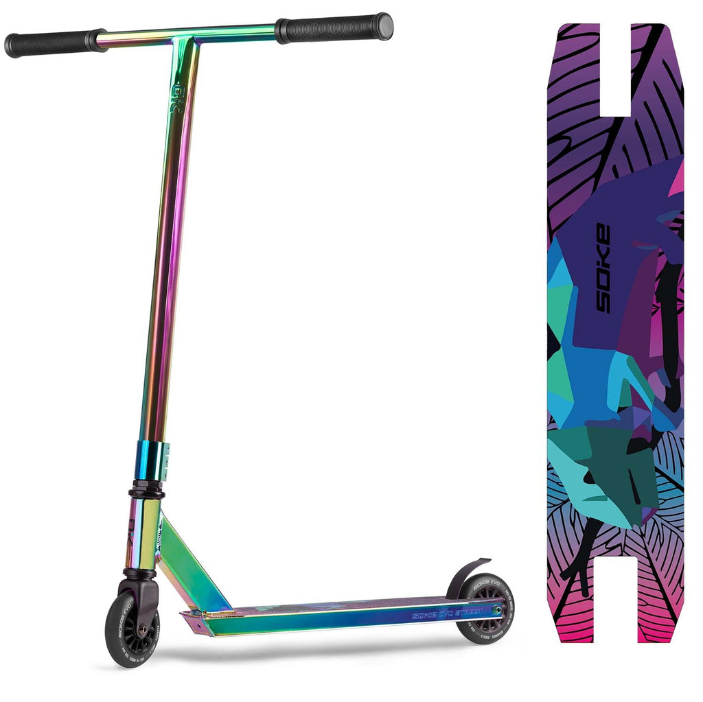 Triukinis paspirtukas SOKE EVO Street Neochrome su ABEC-9 guoliais ir aliuminio platforma skate parkui ir ekstremaliems triukams