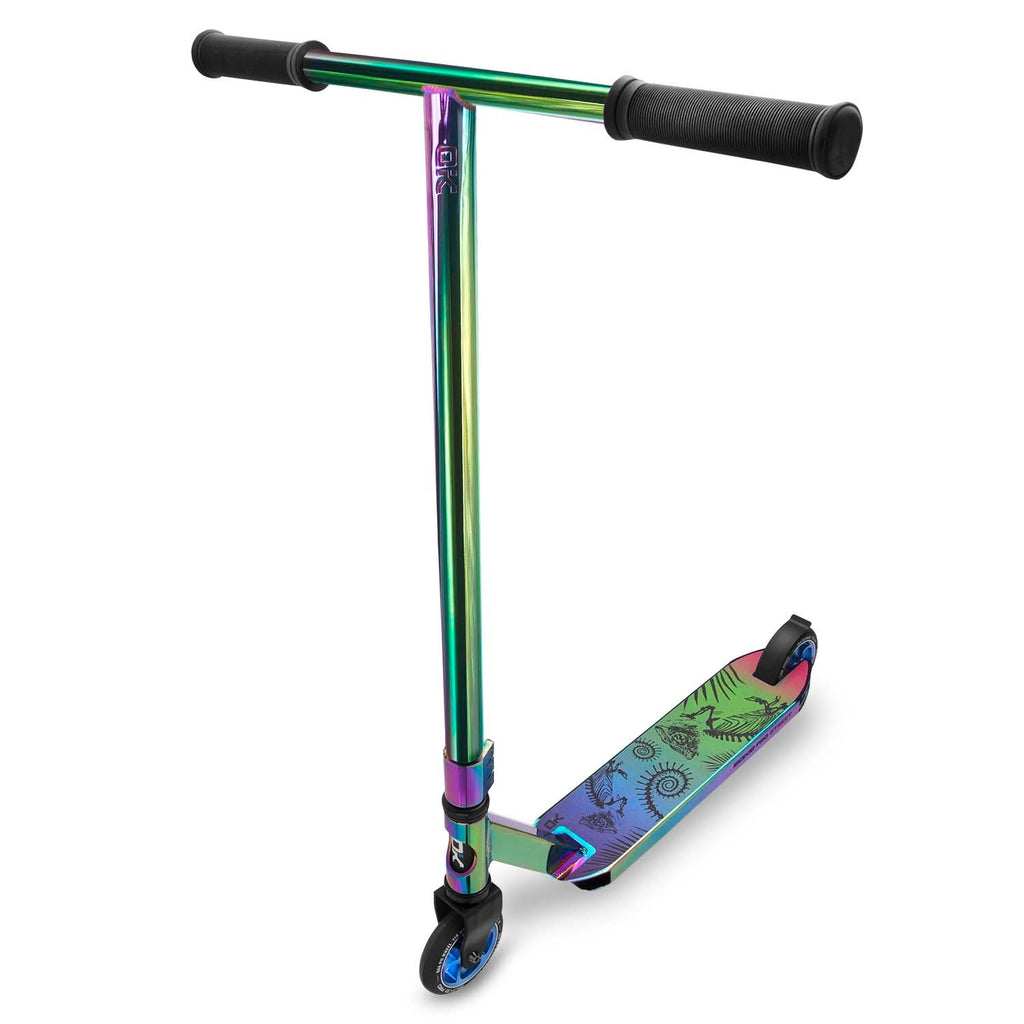 SOKE PRO triukinis gatvės paspirtukas neochrominis profesionalams su ABEC-9 guoliais ir HIC kompresijos sistema