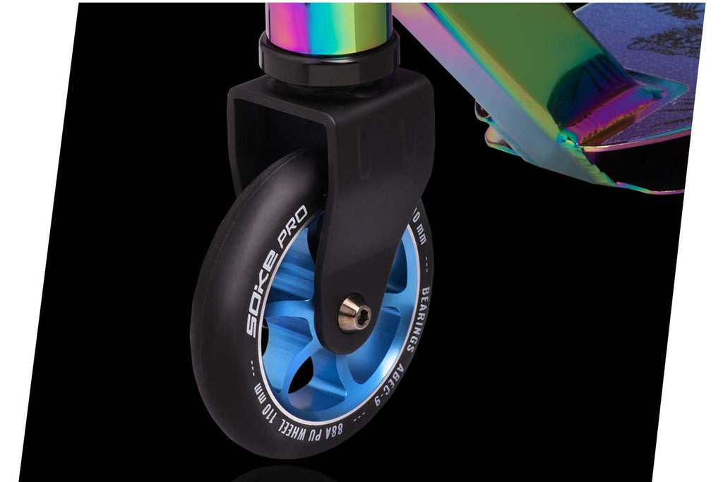 SOKE PRO gatvės triukinis neochrominis paspirtukas su ABEC-9 guoliais ir HIC kompresija profesionaliam važinėjimui skate parke ir mieste