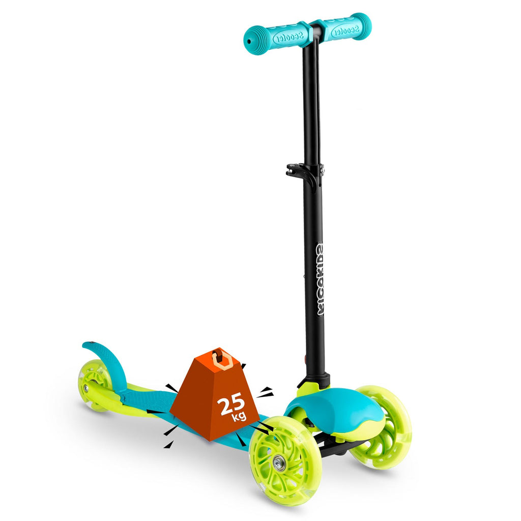 Triratis paspirtukas vaikams Ricokids Loco turkio spalvos su šviečiančiais ratukais ir reguliuojamu vairu aktyviam laisvalaikiui